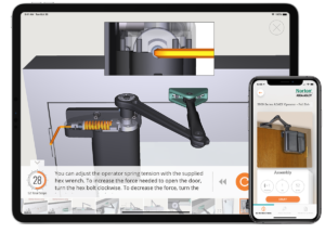 iPad and iPhone frames with screens from the BILT app showing interactive 3D job training instructions for access control professionals: Norton 5800 Series ADAEZ Operator — Pull Side