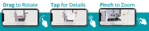 Three iPhones in horizontal position show employee job training screens in order from the BILT app. The first screen shows an image of an commercial electrical product in the BILT app. Users have the ability to drag the image on a touchscreen. The second screen shows the same electrical product and demonstrates the user's ability to tap a part for more information. The third screen, still showing the same electrical part, demonstrates the user's ability to zoom into a part for the best view.